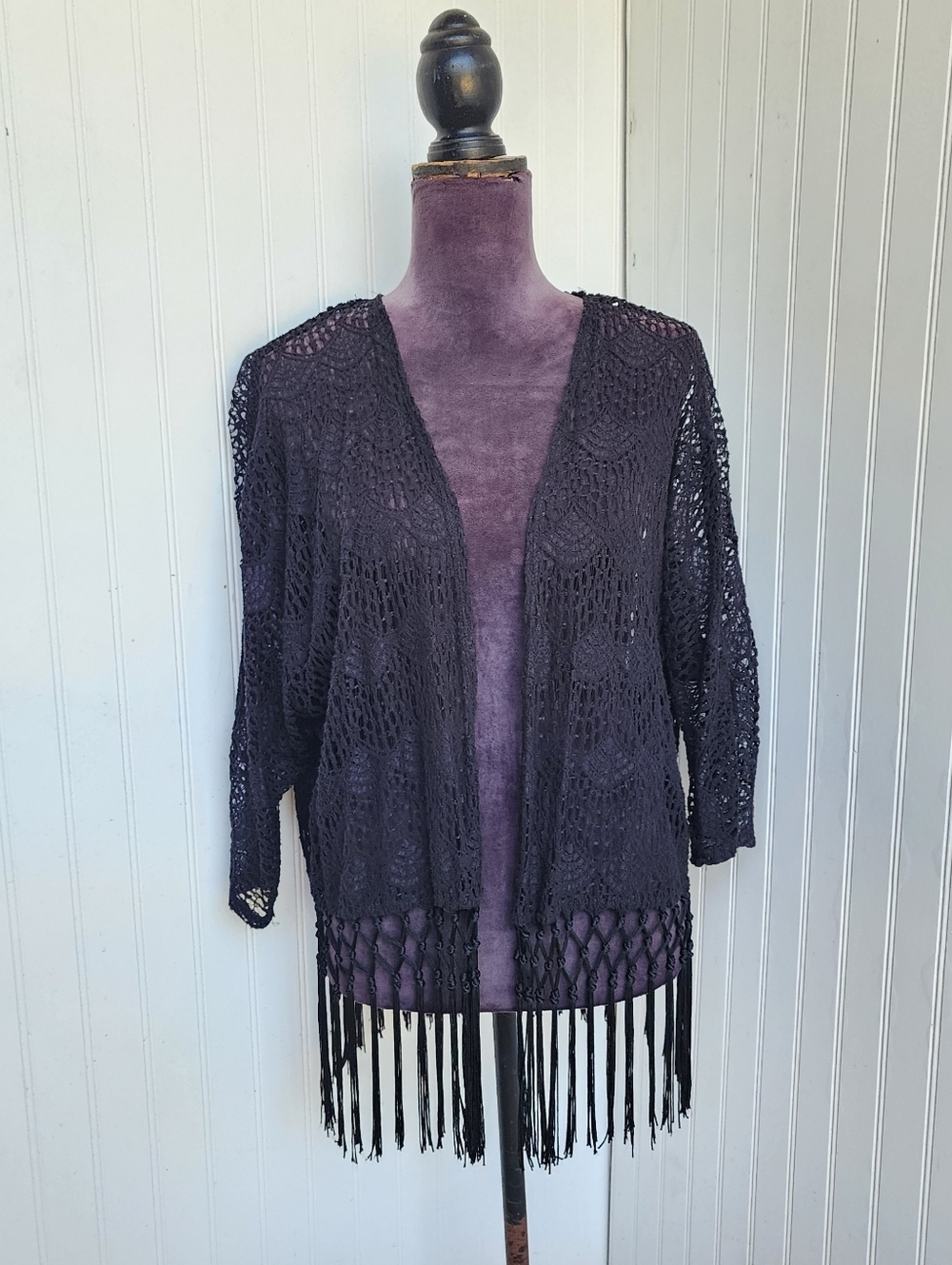 Eyeshadow Cardigan Open Front Womens Black Fringe Lace Boho Crochet Lace XL
